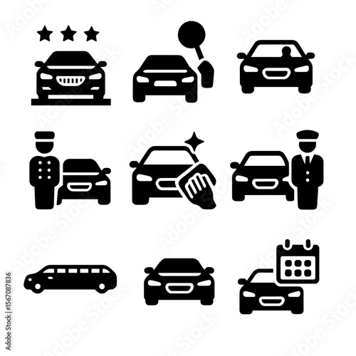 Luxury Car Services Icons. Solid, filled icon set of luxury car events and services: auto show, car auction, test drive, valet
