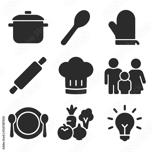 Family Cooking Icons. Solid, filled icons set of cooking together as a family: cooking pot, wooden spoon,