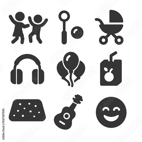Family Concert Icons. Solid, filled icons set of family-friendly outdoor concerts: kids dancing, bubble wand,