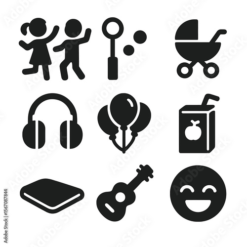Family Concert Icons. Solid, filled icons set of family-friendly outdoor concerts: kids dancing, bubble wand,