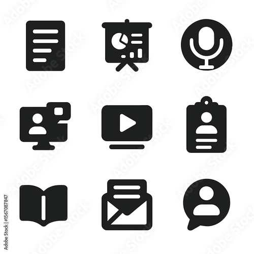 Online Marketing Icons. Solid, filled icon set of online marketing content types: blog post, infographic, podcast, webinar,
