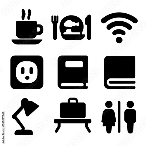 Onboard Amenities Icons. Solid, filled icon set of onboard amenities: coffee cup, meal tray, Wi-Fi symbol, power outlet, magazine,