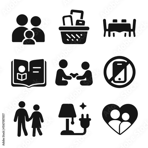 Family Digital Detox Icons. Solid, filled icons set of family digital detox habits: group icon, device basket,