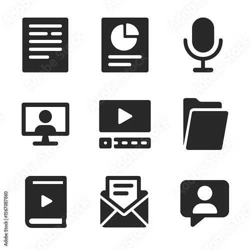 Online Marketing Icons. Solid, filled icon set of online marketing content types: blog post, infographic, podcast, webinar,