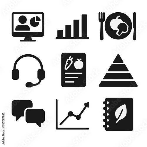Online Nutrition Icons. Solid, filled icon set of online dietary advice: consultation screen, nutrition chart, healthy plate,