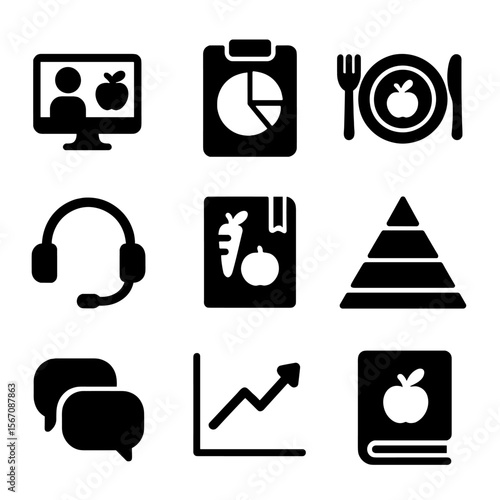 Online Nutrition Icons. Solid, filled icon set of online dietary advice: consultation screen, nutrition chart, healthy plate,