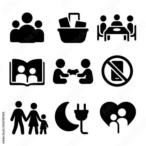 Family Digital Detox Icons. Solid, filled icons set of family digital detox habits: group icon, device basket,