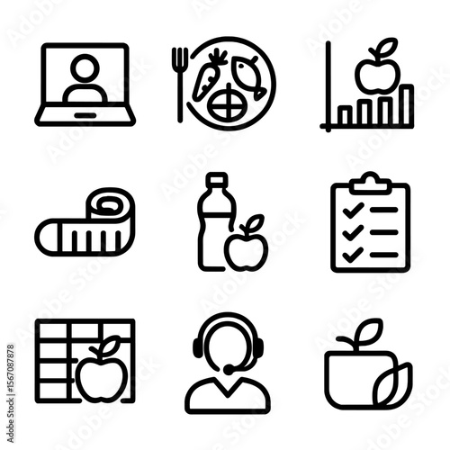 Online Nutrition Icons. Solid, filled icon set of nutritionist consultations online: laptop with video call, healthy meal plate,