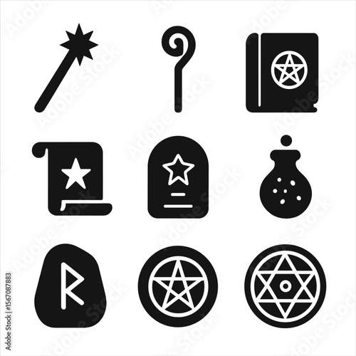 Magic Tool Icons. Solid, filled icon set of spellcasting tools: wand, staff, grimoire, spell scroll, incantation tablet, magic