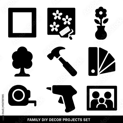 Family DIY Icon Set. Solid, filled icons set of family DIY decor projects: picture frame, wall stencil, flower