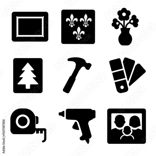 Family DIY Icon Set. Solid, filled icons set of family DIY decor projects: picture frame, wall stencil, flower