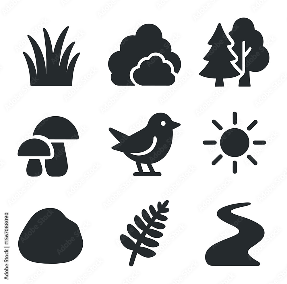 Forest Edge Icons. Solid, filled icons set of forest edge: tall grass, bushes, trees, mushrooms, bird, Forest Edge Icons. Solid, filled icons set of forest edge: tall grass, bushes, trees, mushrooms, bird,