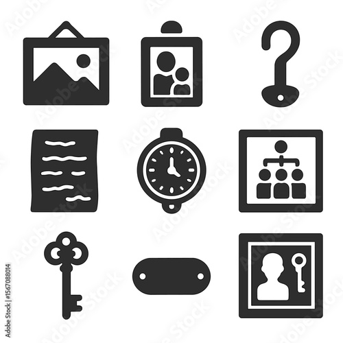 Family Heritage Icons. Solid, filled icons set of creating a family heritage wall with photos and heirlooms: