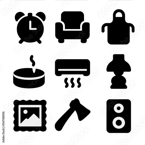 Household Icons Grid. Solid, filled icon set of A household objects: alarm clock, armchair, apron, ashtray, air conditioner,