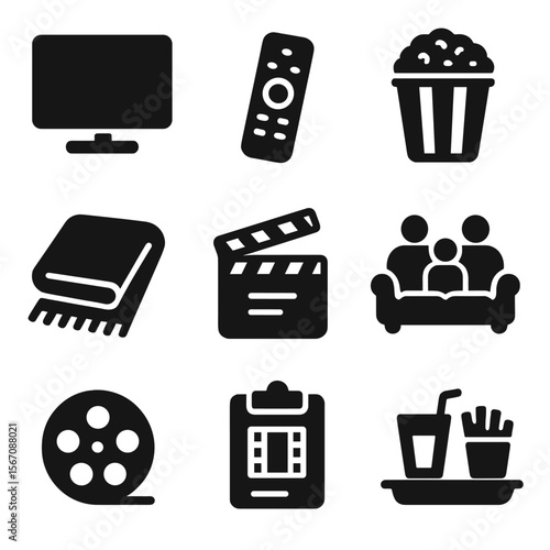 Family Movie Marathon Icons. Solid, filled icons set of organizing a family movie marathon: TV screen, remote