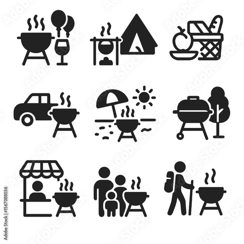 Outdoor Cooking Icons. Solid, filled icon set of outdoor cooking events: barbecue party, camping trip, picnic, tailgate, beach