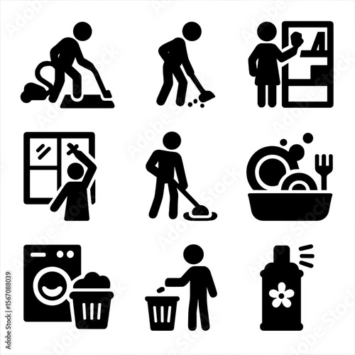 Household Cleaning Icons. Solid, filled icon set of household cleaning: vacuuming carpet, sweeping floor, dusting shelves,