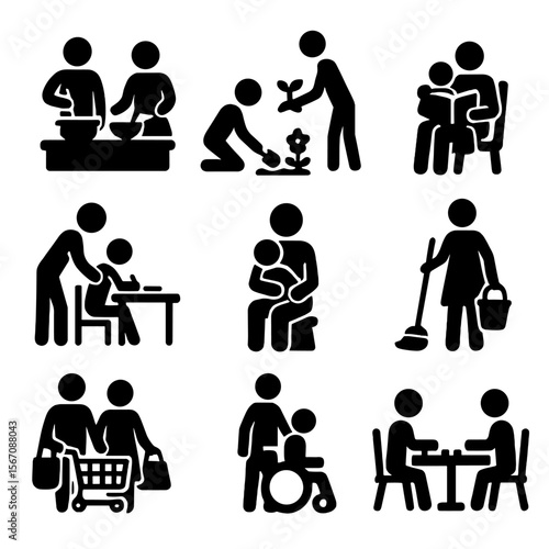 Household Icons Grid. Solid, filled icon set of shared household roles: cooking together, gardening, storytelling, helping with
