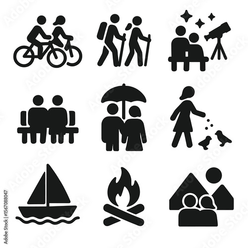 Outdoor Couple Activities. Solid, filled icon set of outdoor couple activities: cycling, hiking, watching stars, sitting on bench,