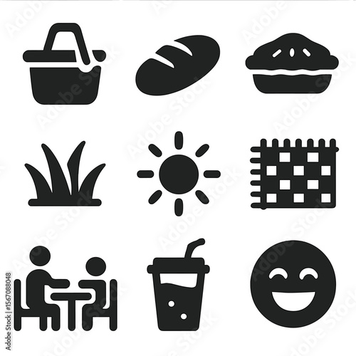 Family Picnic Icons. Solid, filled icons set of picnic-style family meals: basket icon, fresh bread, warm pie,