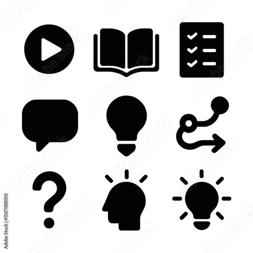 How-To Icons Grid. Solid, filled icon set of how-to tutorials: play button, open book, checklist, gear icon, speech bubble, light