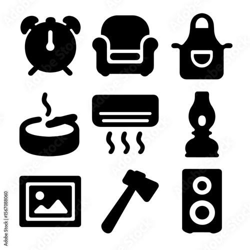 Household Icons Grid. Solid, filled icon set of A household objects: alarm clock, armchair, apron, ashtray, air conditioner,