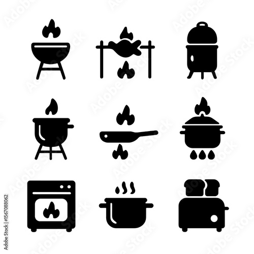 Outdoor Cooking Icons. Solid, filled icon set of cooking methods outdoors: grilling, roasting, smoking, boiling, frying, steaming,