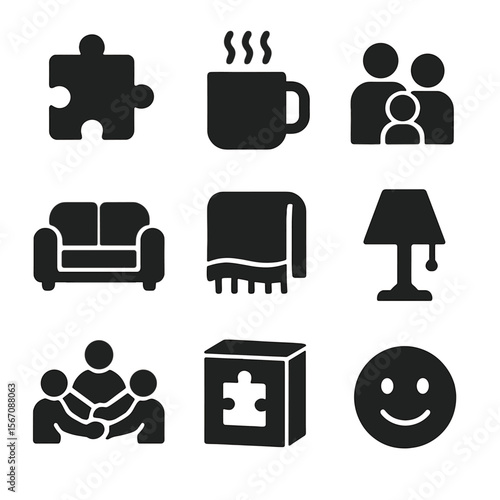 Family Puzzle Icons. Solid, filled icons set of a family putting together a puzzle on a cozy afternoon: puzzle