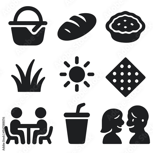 Family Picnic Icons. Solid, filled icons set of picnic-style family meals: basket icon, fresh bread, warm pie,