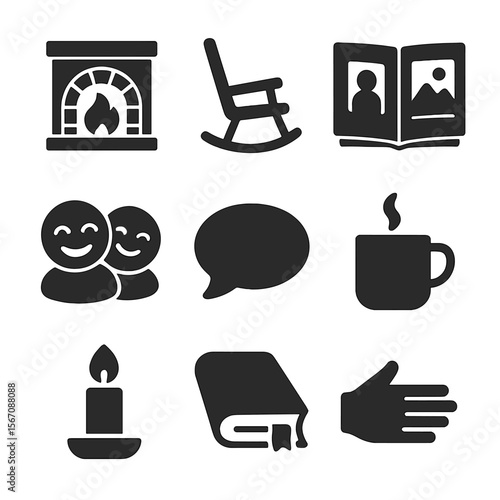Family Storytelling Icons. Solid, filled icons set of telling family stories at a gathering: fireplace,