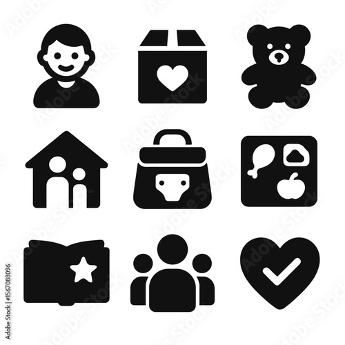 Family Support Icons. Solid, filled icons set of family support shelters: child icon, care package, comfort