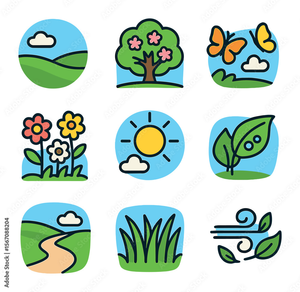 Fototapeta premium Spring Landscape Icons. Solid, filled icons set of spring landscapes: green field, blossom tree, butterflies,