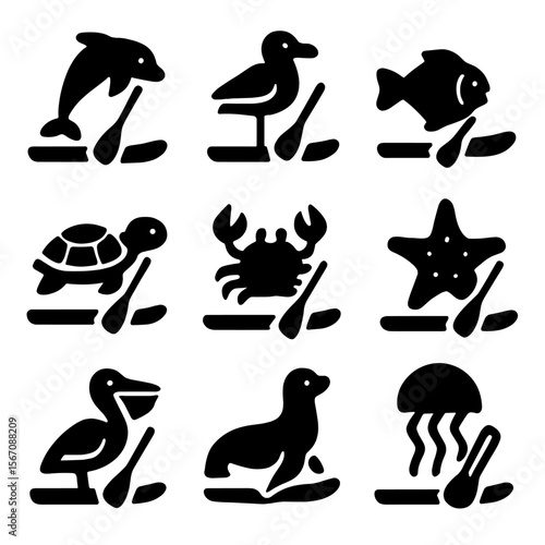 Paddleboarding Animal Icons. Solid, filled icon set of paddleboarding animals: dolphin, seagull, fish, turtle, crab, starfish,