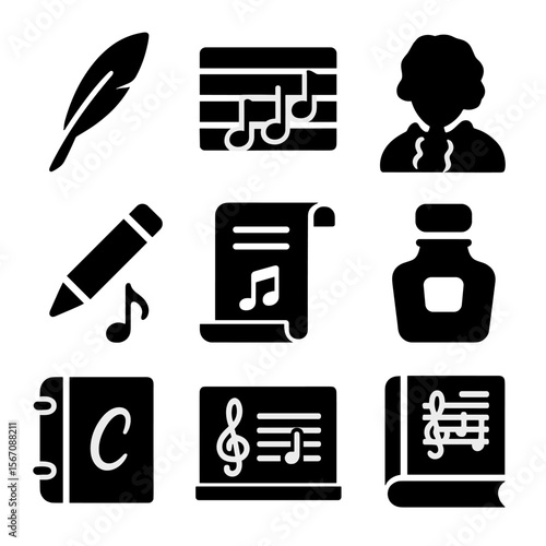 Hymn Composition Icons. Solid, filled icon set of hymn composition and writing: quill pen, manuscript, musical staff, composer,