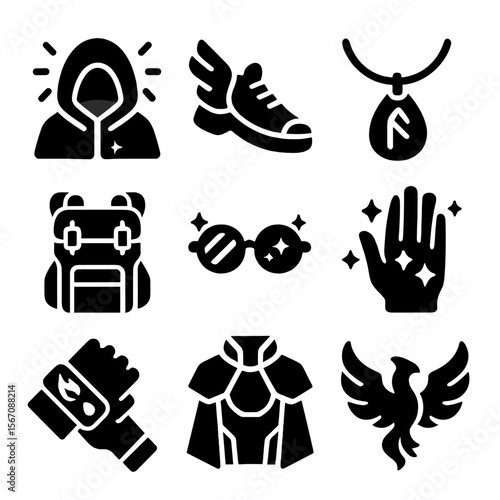 Fantasy Fashion Icons. Solid, filled icons set of fantasy fashion trends: glowing hood, winged sneakers, rune