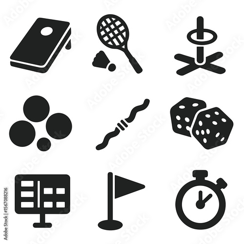 Family Yard Games Icons. Solid, filled icons set of family yard games: cornhole board, badminton racket, ring