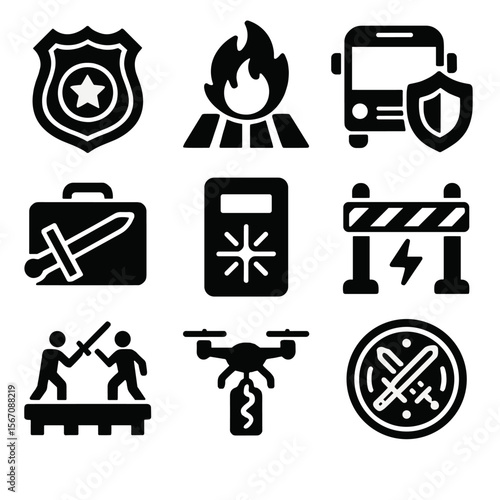 Fantasy Urban Battle Icons. Solid, filled icons set of fantasy battles in urban zones: enchanted police badge,
