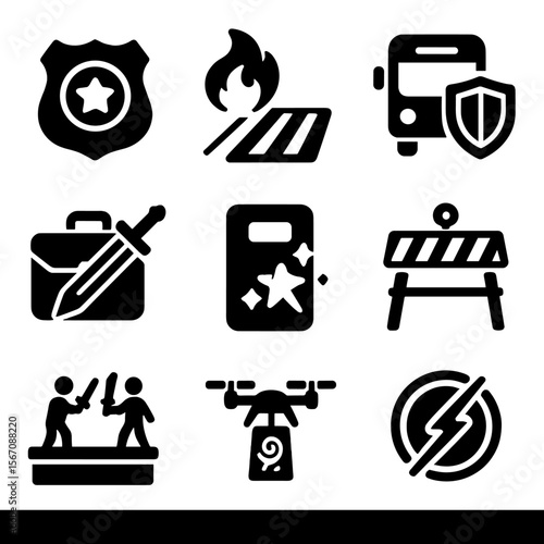 Fantasy Urban Battle Icons. Solid, filled icons set of fantasy battles in urban zones: enchanted police badge,