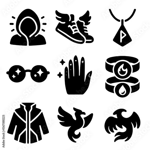 Fantasy Fashion Icons. Solid, filled icons set of fantasy fashion trends: glowing hood, winged sneakers, rune