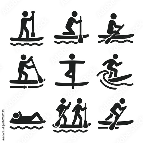 Paddleboarding Icon Set. Solid, filled icon set of paddleboarding techniques: standing, kneeling, sitting, paddling forward,