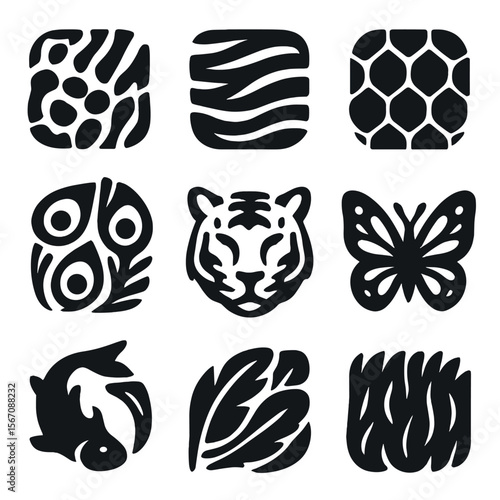 Maximalist Animal Patterns. Solid, filled icon set of maximalist animal patterns: leopard spots, zebra stripes, snake scales,