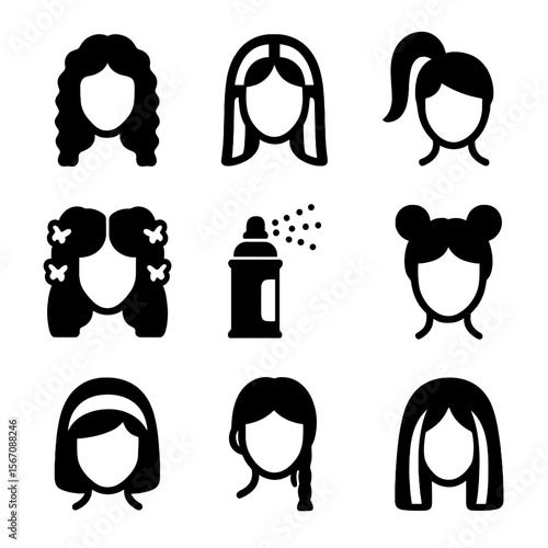 McBling Hairstyle Icons. Solid, filled icon set of McBling hairstyles: crimped hair, chunky highlights, high ponytail, butterfly
