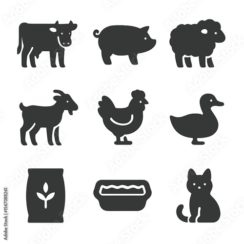Farm Animal Icons. Solid, filled icons set of farm animals and care: cow, pig, sheep, goat, chicken, duck,