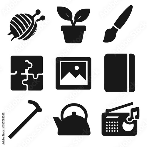 Iconic Hobbies Grid. Solid, filled icon set of meaningful activities: knitting yarn, potted plant, paintbrush, jigsaw puzzle,