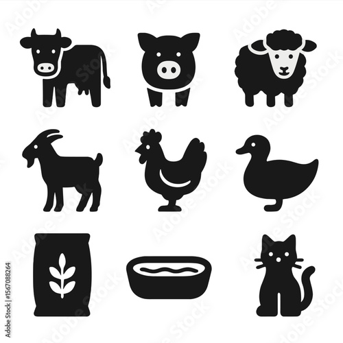 Farm Animal Icons. Solid, filled icons set of farm animals and care: cow, pig, sheep, goat, chicken, duck,
