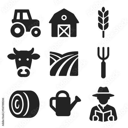 Farm Icon Collection. Solid, filled icons set of agricultural field trips: tractor, barn, wheat icon, farm