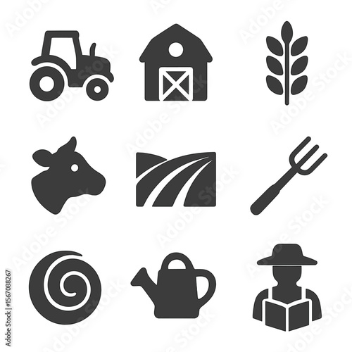 Farm Icon Collection. Solid, filled icons set of agricultural field trips: tractor, barn, wheat icon, farm