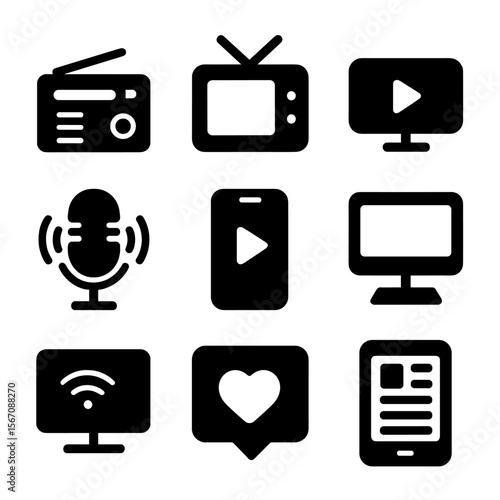 Media Platforms Icons. Solid, filled icon set of Media platforms: radio, TV, online streaming, podcast, mobile device, desktop