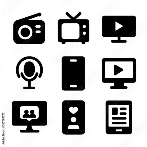 Media Platforms Icons. Solid, filled icon set of Media platforms: radio, TV, online streaming, podcast, mobile device, desktop