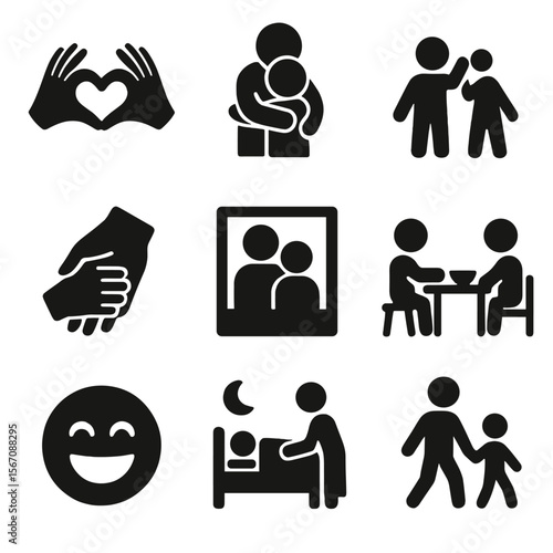 Parent-Child Bonding Icons. Solid, filled icon set of parent-child bonding moments: heart hands, hug, high five, holding hands,